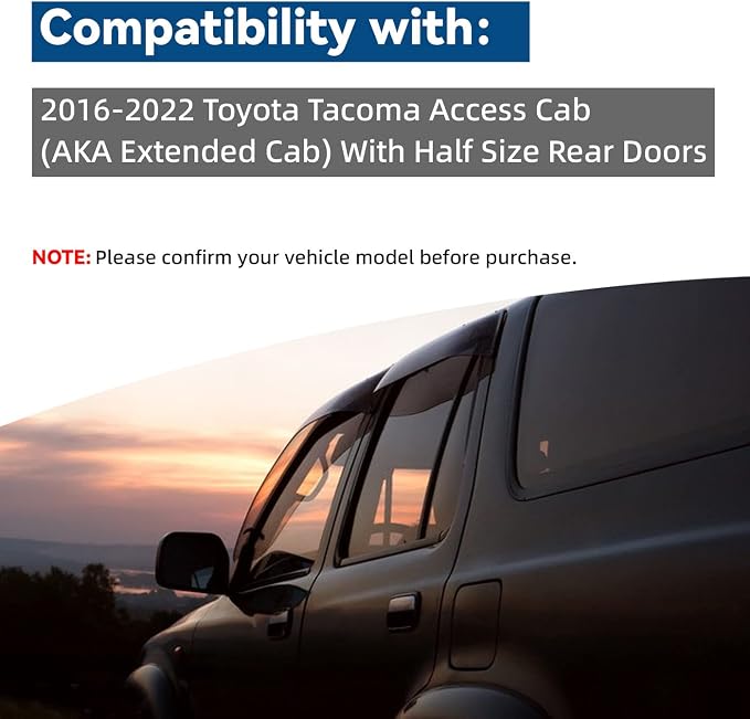 2pcs Front Smoke Tint Sun/Rain Guard Outside Mount Tape-On Vent Window Visors Compatible with 16-22 Tacoma Access/Extended Cab w/Half Size Rear Doors