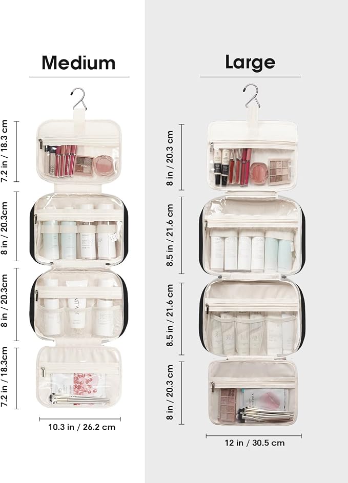 Hanging Toiletry Bag for Women Travel Makeup Bag Organizer Toiletries Bag for Travel Size Essentials Accessories Cosmetics (Black (Medium))