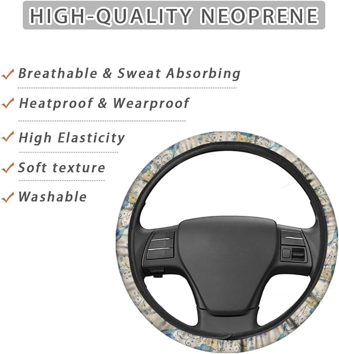 Comfortable Car Steering Wheel Cover Hummingbird Flower Blue Pattern Auto Steering Wheel Protector with Anti-Slip Lining Car Interior Accessories Universal Fit Car SUV Van Truck