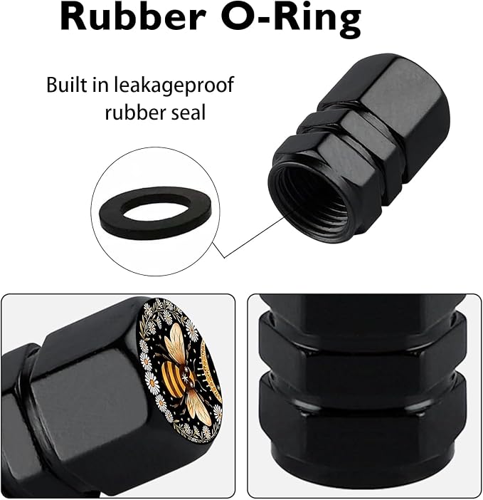 4Pack Bee Tire Valve Caps Universal Tire Air Cap Valves Stem Covers | Aluminum Alloy Rust-Proof Valve Stem Caps, for Auto SUV Truck Motorcycle Bicycle, Bee Gifts Decor for Women Men Drivers