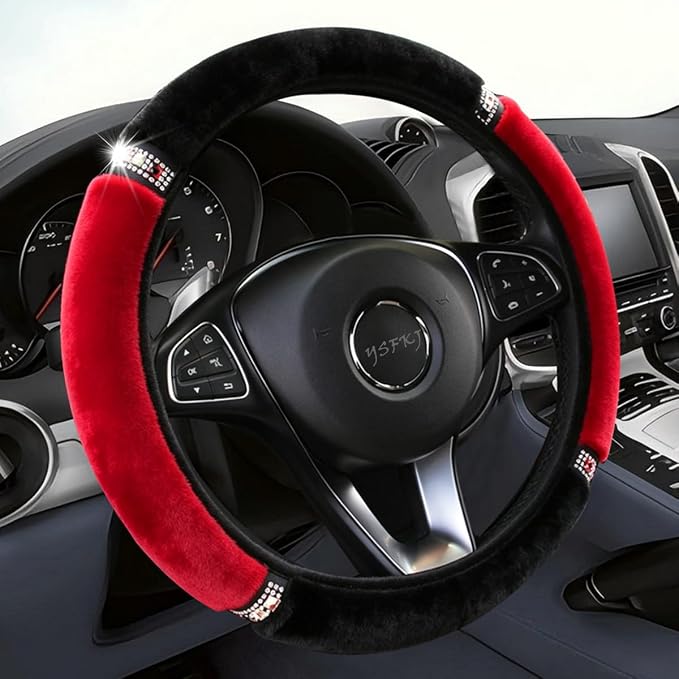 Diamond Fluffy Steering Wheel Cover with Sparkly Crystal Rhinestones, Universal 15 Inch Car Elastic Steering Wheel Protector for Women Girls (Red)