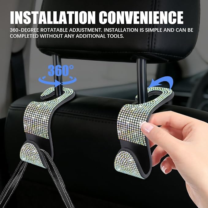 4PCS Bling Car Seat Headrest Hooks, Purse Holder for Car, Vehicle Back Seat Purse Handbag Hanging Holder with Crystal Rhinestone, Diamond Car Rear Seat Organizer for Vehicles (Colorful)