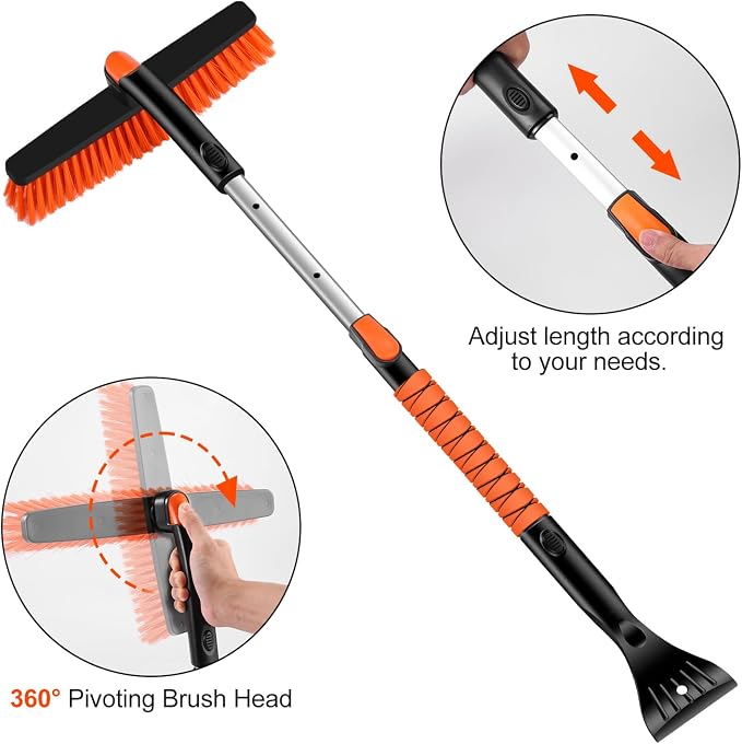 Ice Scraper with Snow Brush and Snow Shovel, 35" Extendable Snow Remover with Foam Grip, 360° Pivoting Brush Head for Car Windshield, Emergency Snow Scraper for SUV Truck Vehicle, Orange