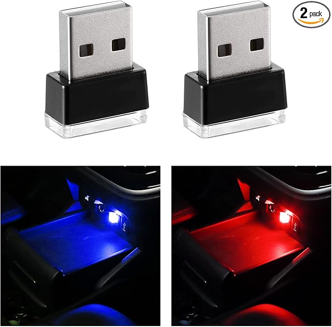 2 PCS USB LED Car Interior Atmosphere Lamp, Portable Mini LED Night Light, Plug-in USB Interface Trunk Ambient Lighting Kit, Universal Interior Car Accessories (Red+Blue)