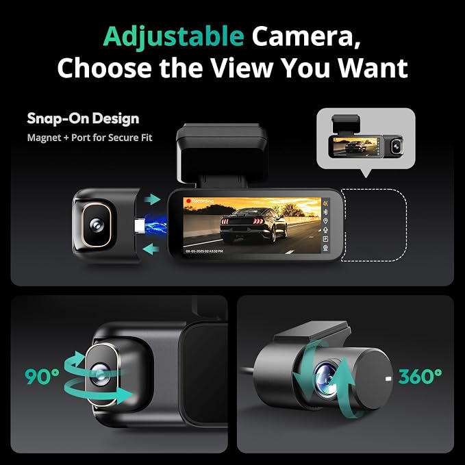 4K 3 Channel Dash Cam Front and Rear/Inside, 360°Dash Camera with 3.18" Touch Screen, Night Vision Dashcam, Voice Control, 24/7 Parking Mode Car Camera, Free 128GB Card 5.8GHz WiFi & GPS