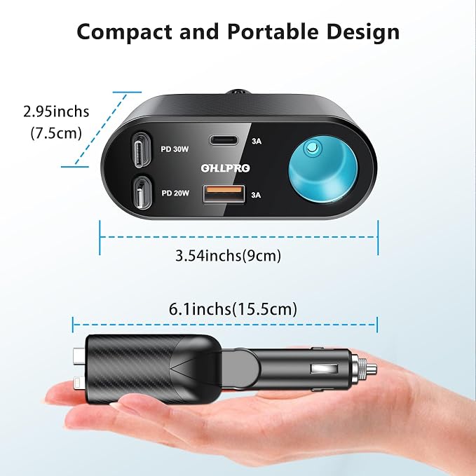 Retractable Car Charger Cigarette Lighter Adapter, 168W 5 in 1 Fast Phone Charging Built-in Replaceable Fuse, Socket Splitter with USB C and USB i Cord, Fit for Phone iPad Galaxy GPS, Black