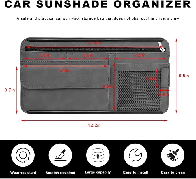 Car Sun Visor Organizer, Soft Leather Vehicle Sunshade Glasses Storage Bag with Net Zipper, Automotive Multi-Pocket Organizer for Drive License Card Glasses Document (Gray)