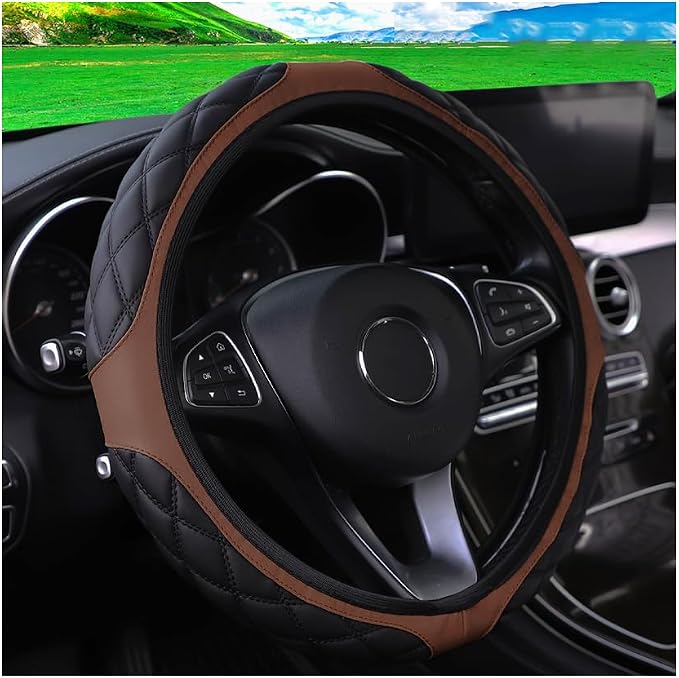 15 Inch Car Leather Steering Wheel Cover, Automotive Accessories Elastic Breathable Anti-Slip Soft Wheel Protector Fits Men and Women, Suitable for SUVs, Trucks, Vehicles and RVs (Brown)