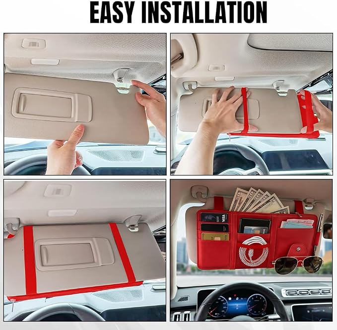 Car Sun Visor Organizer, Truck Visor Organizer, Leather Multi-Pocket Auto Visor Storage Pocket Pouch Holder with Zipper, Auto Accessories Storage Bag for Driving License Card Pen (Red)