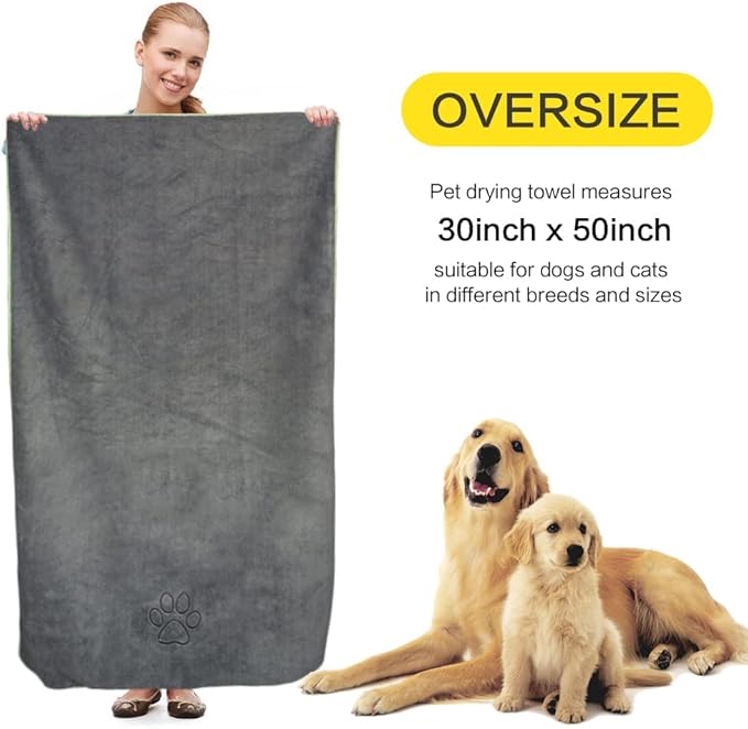 Dog Towel Super Absorbent Microfiber Dog Drying Towel Soft Pet Bath Towel for All Dogs and Cats with Embroidered Paw Print 30inch x 50inch Gray
