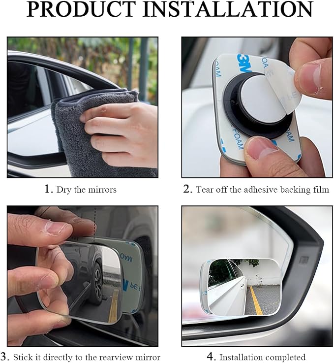 2 PCS Car Blind Spot Mirror, Fan Shaped HD Glass Convex 360° Rotating Wide Angle Side Mirror, Frameless Car Blindspot Mirror for Larger Image and Traffic Safety (Rectangular)