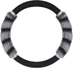 Bear Fur Plush Steering Wheel Cover - Cute Faux Wool Protector for Women Girls Fits Wheels 14.5-15 inch Two Tone Black/Gray - with Glitter