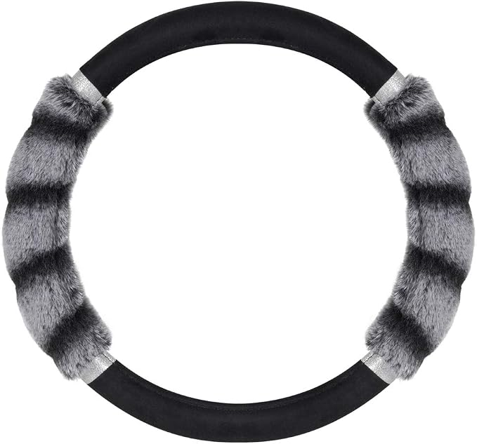Bear Fur Plush Steering Wheel Cover - Cute Faux Wool Protector for Women Girls Fits Wheels 14.5-15 inch Two Tone Black/Gray - with Glitter