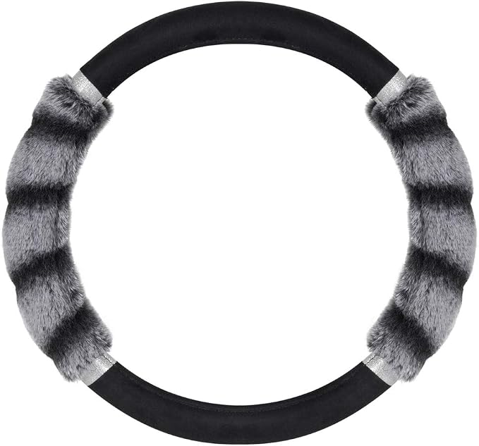 Bear Fur Plush Steering Wheel Cover - Cute Faux Wool Protector for Women Girls Fits Wheels 14.5-15 inch Bear Fur - Black/Gray with Glitter