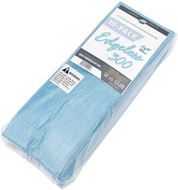 Edgeless 300 - Microfiber Detailing Towels, Perfect for Removing Polishes, Sealants, and Glaze; Great for Interior Cleaning and Dirty Jobs; 300GSM, 16in x 16in, Light Blue (10-Pack)