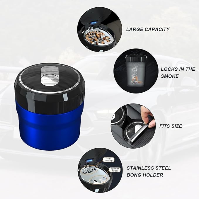 Car Ashtray with Lid, Easy Clean Up Detachable Smokeless Ashtray with LED Blue Light, Portable Mini Ash Tray Cup Holder for Car Home Office Travel, Interior Auto Accessories (Blue, Small)