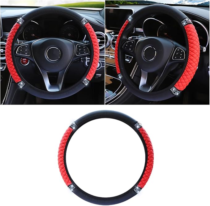 15 Inch Bling Soft Leather Car Steering Wheel Cover, Red | Colorful Rhinestones Design, Auto Elastic Protector for Women Girls, Crystal Diamond Car Accessories for Most Cars, SUVs
