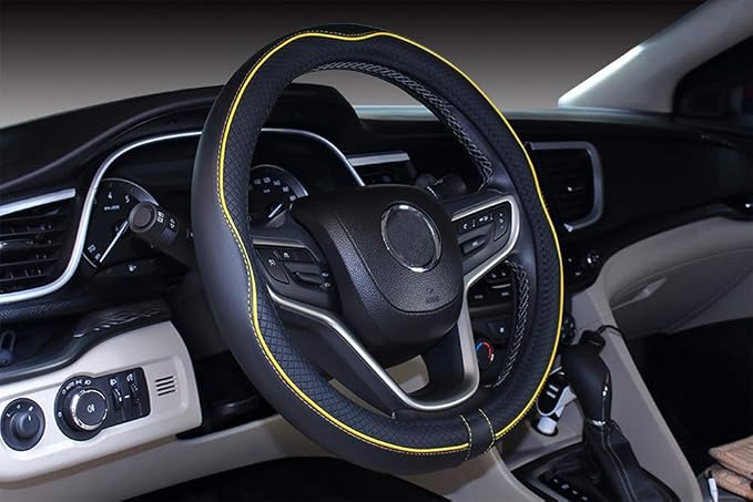 Small Size Steering Wheel Cover Anti-Slip,Safety,Soft,Breathable,Durable,Full Surround,Comfortable Grip Microfiber Leather (14-14.25 inch, Black Yellow)