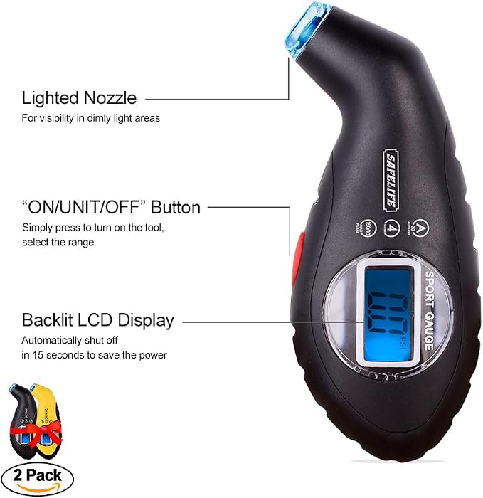 Digital Tire Pressure Gauge 150 PSI 4 Settings with Backlit LCD and Non-Slip Grip (2package)