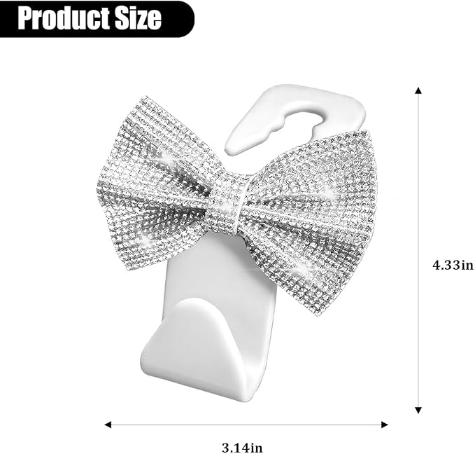 2PCS Bling Bow Car Seat Headrest Hooks, Crystal Rhinestone Vehicle Rear Seat Hanging Storage Hooks for Purses Bags Coats, Auto Headrest Storage Organizer, Universal Fit (White)