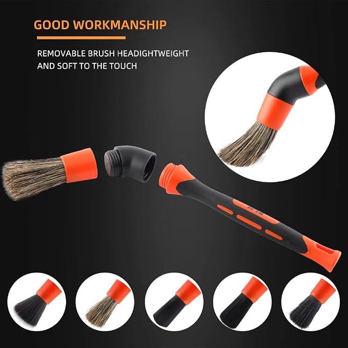 Car Detailing Brush Set, 5 Pack Soft Boar Hair Auto Detail Brush Kit with Elbow for Automotive Elegant Surface Interior Exterior Dashboard Emblems Panels Engine Bay Wheels Air Vent Seat Leather
