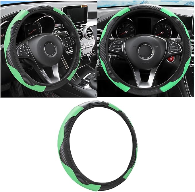 Car Steering Wheel Cover, 15 inch Carbon Fiber Microfiber PU Leather Elastic Steering Wheel Protector for Men Women, Anti-Slip Breathable Car Interior Accessories for Most Cars (Green)