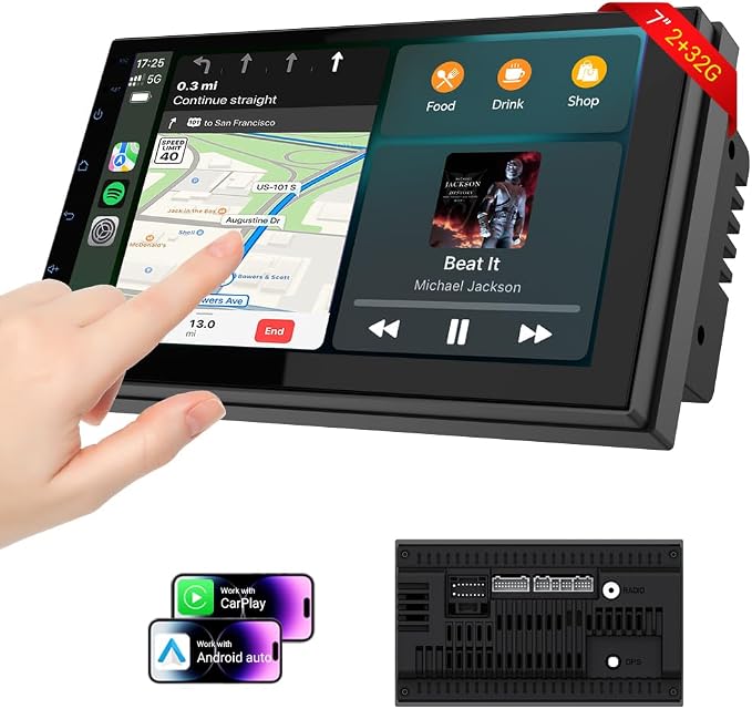 7 Inch Double DIN Car Stereo, Wireless Apple CarPlay & Android Auto, Android 13 Touchscreen Car Radio with GPS Navigation, 2GB+32GB, Steering Wheel Control, No Backup Camera