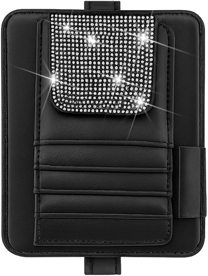 Bling Car Sun Visor Organizer, Multi Pocket Crystal Rhinestone Vehicle Sunshade Card Sleeve Storage Pouch with Pen Sunglass Holder, Auto Interior Visor Organizer Pouch, Universal Fit (White)