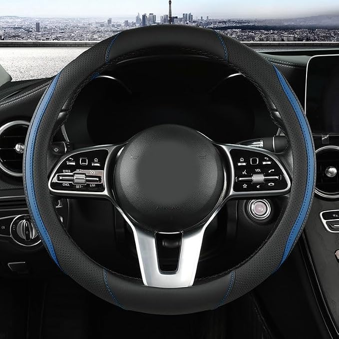 Car Steering Wheel Cover, Leather Steering Wheel Cover Blue Universal 14.5-15 Inch Microfiber Leather Anti-Slip Breathable Auto Steering Wheel Covers for Men Women (Black&Blue-2)