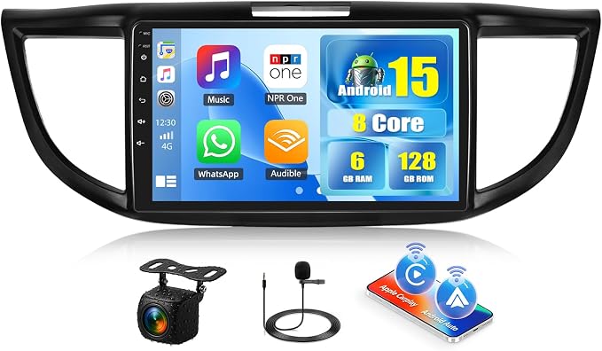 8 Core 6+128G for Honda CRV 2012-2016 Android 15 Car Stereo with Wireless Carpaly Android Auto, 9’’ 1280×720P IPS Touchscreen with Bluetooth 5.0 32-EQ 59-UI DSP GPS WiFi FM/RDS SWC Backup Cam+Canbus