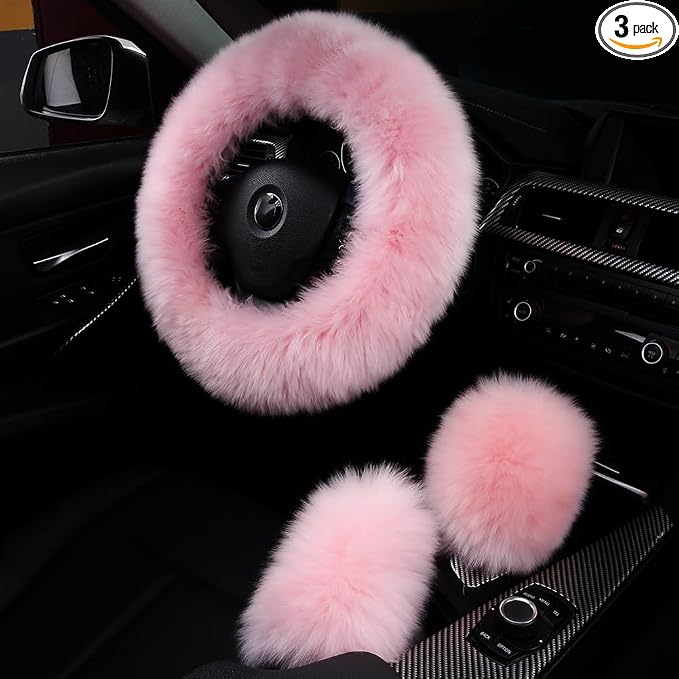 3Pcs Set Fashion Fluffy Fuzzy Wool Fur Soft Car Steering Wheel Cover with Handbrake Cover & Gear Shift Cover for Women/Girls/Ladies Auto Long Wool Accessories, Pink