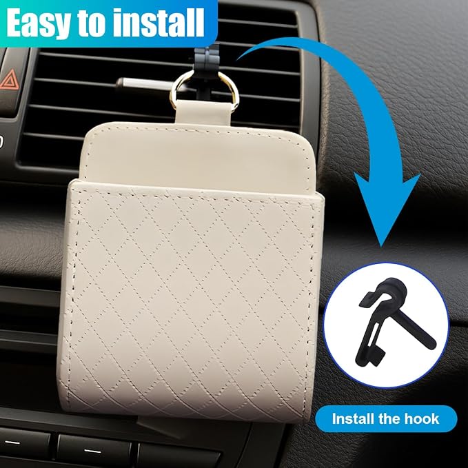 YoRise Car Air Vent Storage Bag, PU Leather Auto Hanging Storage Pouch with Hook, Portable Car Console Organizer, Vehicle Dashboard Organizer Accessories for Key, Cell Phone, Coin, Sunglasses (Beige)
