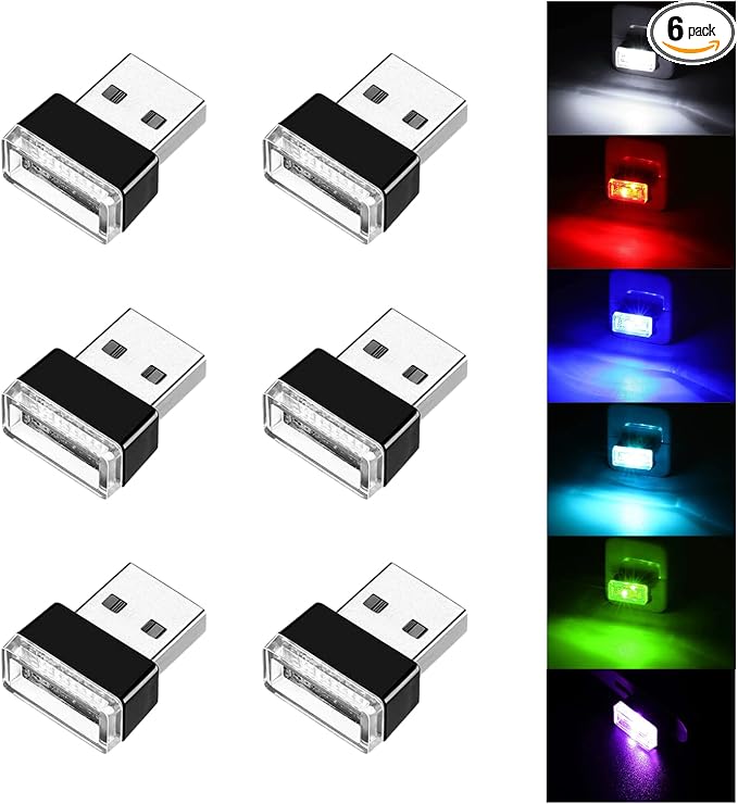 6 PCS USB LED Car Interior Atmosphere Lamp, Portable Mini LED Night Light, Plug-in USB Interface Trunk Ambient Lighting Kit, Universal Interior Accessories for Most Vehicles (6 Color)