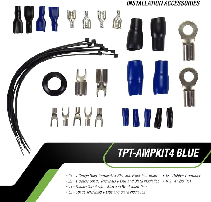Timpano Amplifier Wiring Kit - 4 Gauge Amp Kit 2000 Watts Car Amplifier Installation CCA Cables Kit – 150 Amp Fuse Single Amp TPT-AMPKIT4 Blue