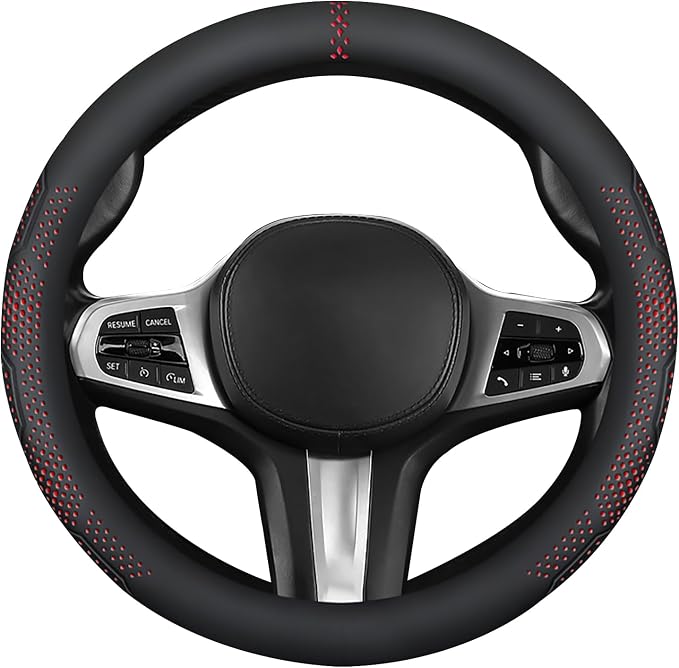 Car Leather Steering Wheel Cover - Panapi Material, Universal 14.5-15 Inch Leather Anti-Slip Breathable Auto Steering Wheel Covers for Men Women (Wave Point-Red)