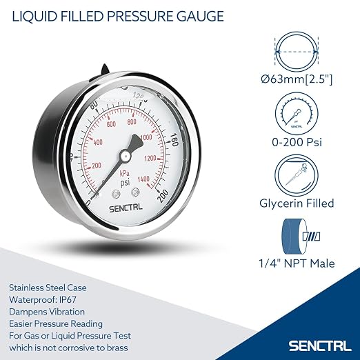 0-200 Psi Glycerin Liquid Filled Pressure Gauge, 2.5" Dial Size, 1/4" NPT Back Mount, Stainless Steel Case, for Water Oil Pressure Test in Pipe Pool Pump Sand Filter Air Compressor