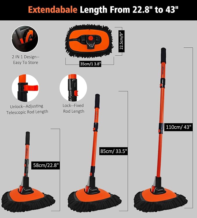 Car Wash Brush, 43" Extendable Car Wash Brush Mop with Long Handle, 15 Degree Curved Soft Car Washing Brushes with Extra Microfiber Brush Head for Truck SUV Cleaning, Orange