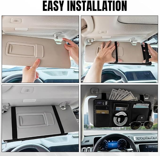 Car Sun Visor Organizer, Truck Visor Organizer, Leather Multi-Pocket Auto Visor Storage Pocket Pouch Holder with Zipper, Auto Accessories Storage Bag for Driving License Card Pen (Black)