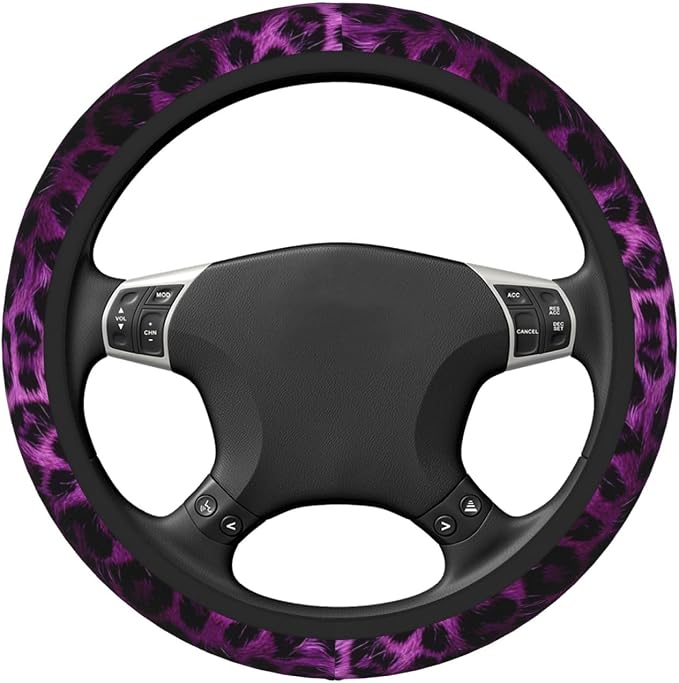 Purple Leopard Print Steering Wheel Cover Leopard Print Steering Wheel Protector Neoprene 15Inch Car Accessories 2 Pcs Car Coasters for Women Men