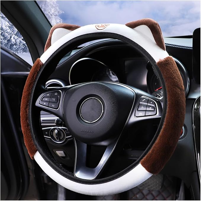 Car Steering Wheel Cover, Fluffy Soft Plush for Winter Warm, Cute Steering Wheel Protector with Kitty Cat Ears, Universal 15 Inch, Elastic & Anti-Slip, Lovely Decor Car Accessories (Coffee)