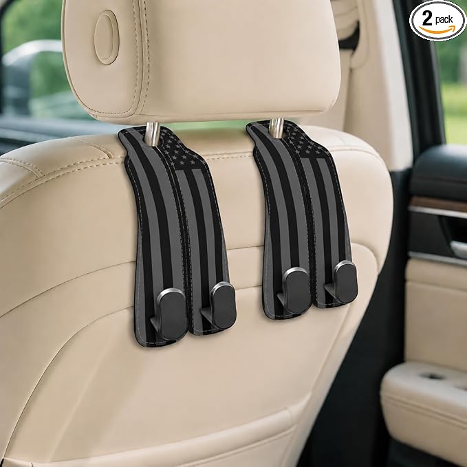 Cute American Flag Car Seat Back Storage Headrest Hooks for Purses & Bags – 2PCS PU Leather Dual Metal Hooks, Backseat Organizer Accessories