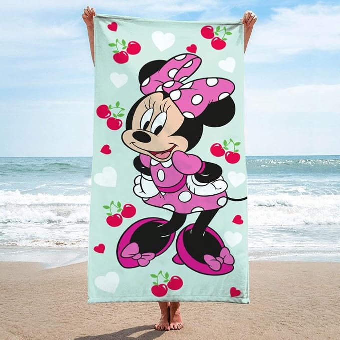 Kids Beach Towel - 100% Cotton Super Soft Absorbent Bath Towel, 28" x 58" Inch Lightweight for Travel, Official Licensed Product, Green - Minnie Mouse