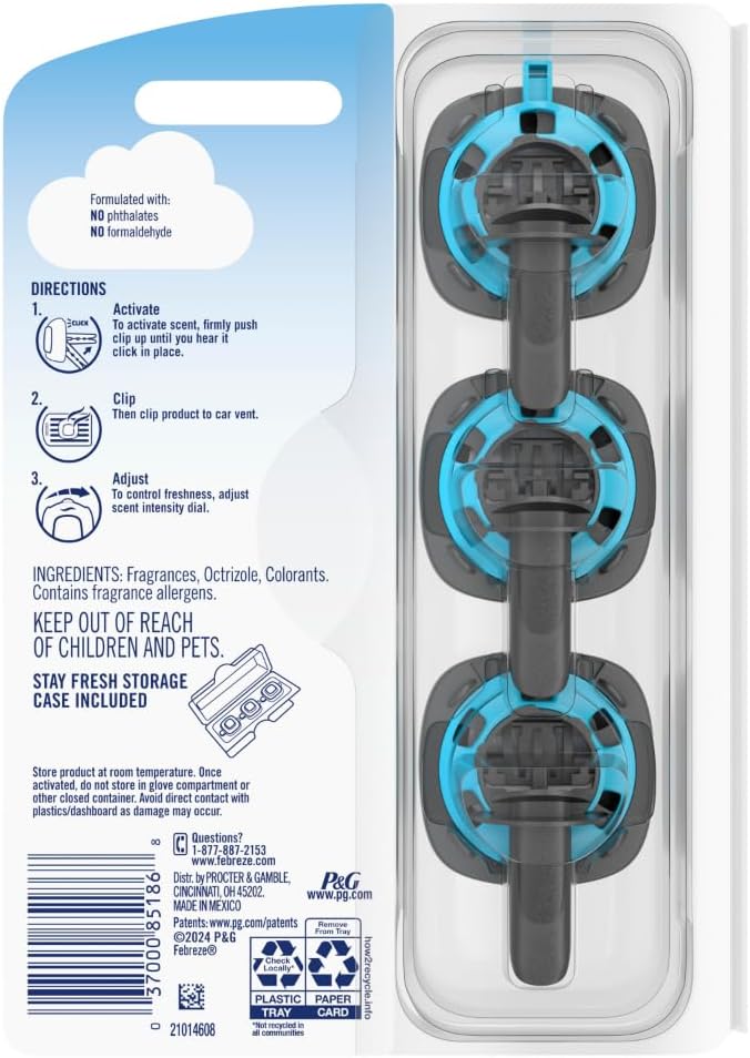 Car Air Freshener, Odor-Fighting Automotive Vent Clip, Linen & Sky Scent, 3 Count