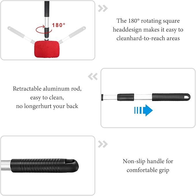 Car Windshield Cleaner Tool, Detachable Car Window Cleaner with Aluminum Extendable Handle & 2 Reusable Cloth Pads, Washable Vehicle Windshield Cleaning Wand for Exterior (Red)