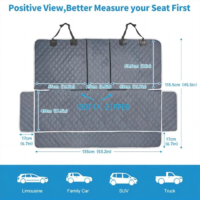 Grey Dog Car Seat Cover for Back Seat,Non-Stick Fur,Pet-Friendly and Waterproof - Universal Fit Interior Protector for Auto, Van, SUV - Ideal for Kids and Pets
