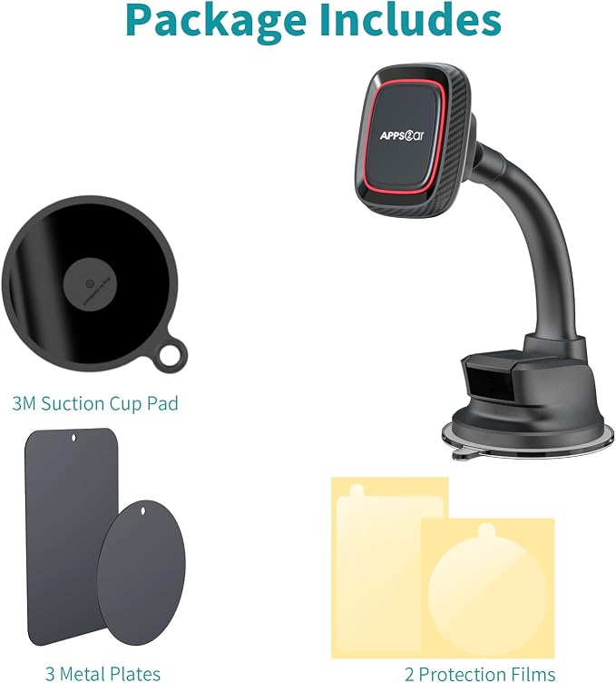 Magnetic Phone Holder for Car, Dashboard Windshield Phone Holder Mount with Flexible Arm & Built-in Strong Magnets, Suction Cup Phone Holder for Car Compatible with All Smartphones