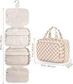 Travel Toiletry Bag for Women Large Hanging Makeup Bag Organizer Toiletries Bag for Full Size Essentials Accessories Cosmetics (Light Checkerboard (Large))