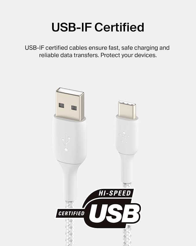 BoostCharge Braided USB-C to USB-A Charging Cable (3.3ft/1M) for iPhone 17 & 16 Series, Samsung Galaxy S25 Series, Google Pixel 10, iPad Pro, Nintendo Switch 2, Carplay, & More - White (2-Pack)