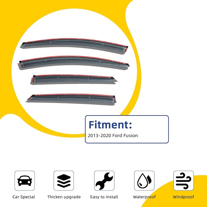4X Window Visors Compatible with 2013-2020 Fusion Smoke Tint with Chrome Trim Outside Mount Tape On/Clip On Style PVC Sun Rain Guard Vent