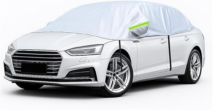 Half Car Cover for Sedan, 141.7" Windproof Windshield Cover, Dustproof Auto Sunroof Covers with Reflective Straps, All Season Universal Waterproof Vehicle Window Sun Protector(Sedan)
